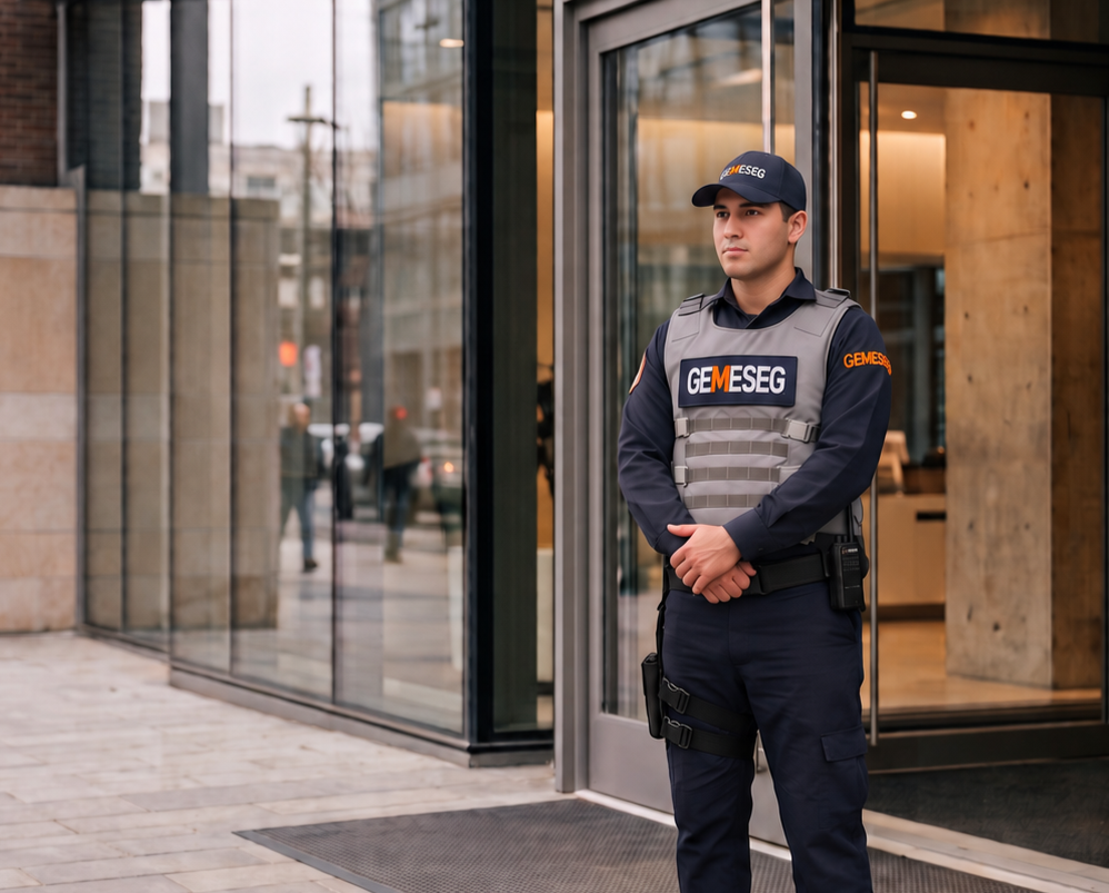 Agente de seguridad Gemeseg en la entrada de un edificio corporativo